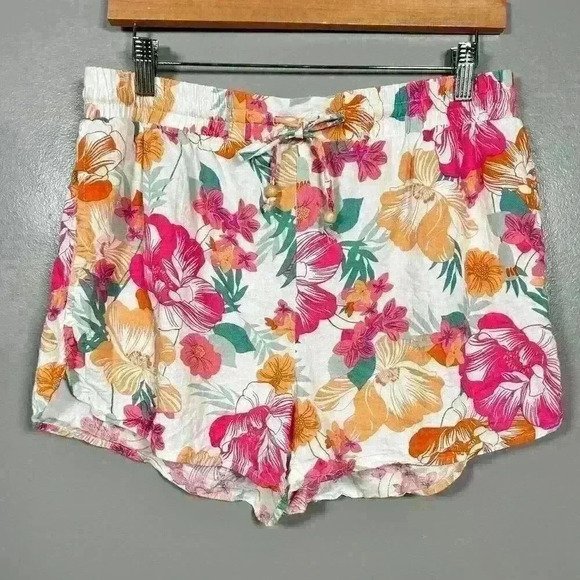RACHEL ZOE Floral Hawaiian Tropical Linen Blend Pull On Shorts Women Medium - Picture 1 of 9
